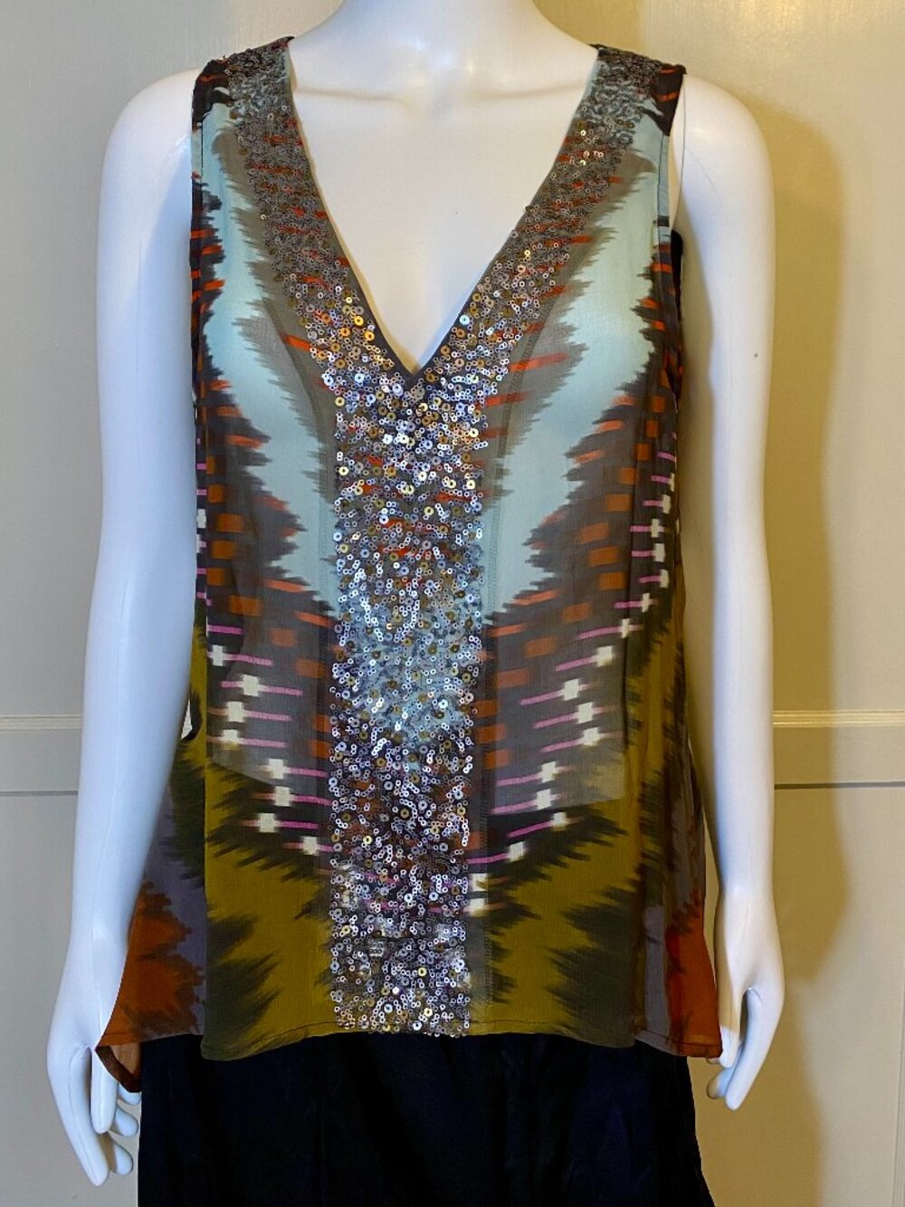 SANCTUARY Sheer Ikat Print Sequined V-neck Boho Blouse Shirt Tank Top Size Large